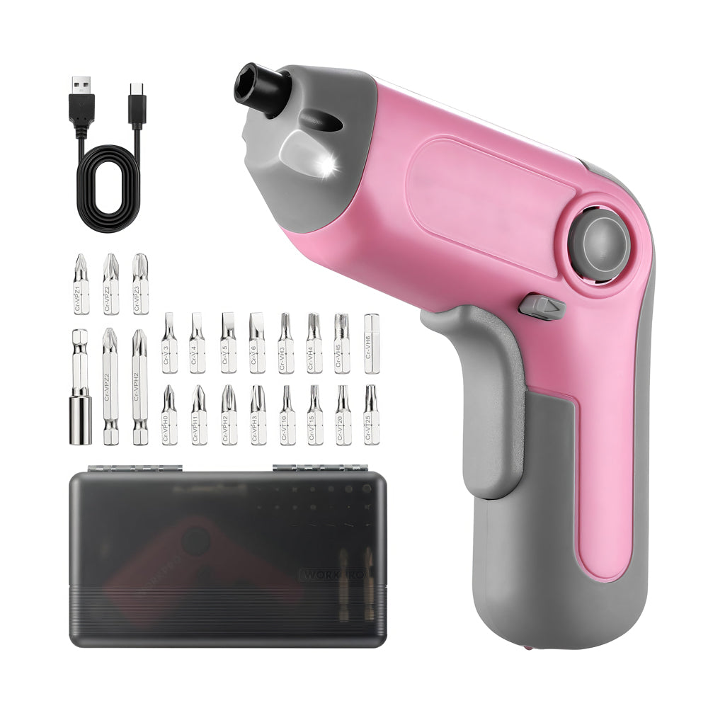 Pink Cordless Screwdriver with Offset Shaft — 3.6V USB-C, 22-Bit Kit, LED, Carry Case